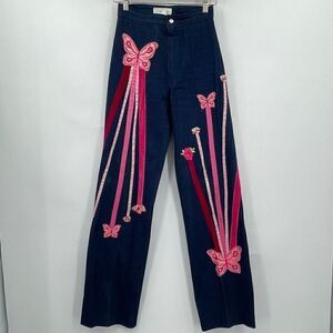 Petit Fors Multicolor Wide Leg 70s Flower And Ribbon Denim Flare Jeans Size 5/6